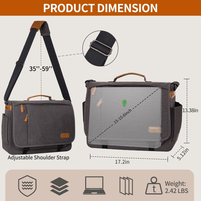 ESTARER Computer Messenger Bag 15-15.6 inch, Water-resistant Canvas Work Bag Briefcase, Laptop ShoulderSatchel with Buckles, Grey - Image 3